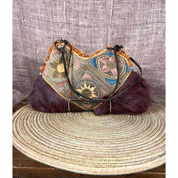 Original Jamie Puech Hand Embroidered~Ceramic/Wood Bead Accents~Brown Fur French